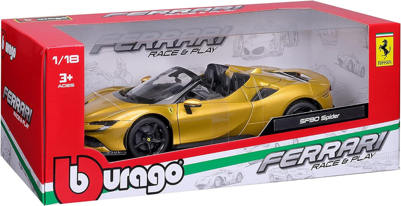 Bburago Ferrari SF90 Spider: Modellauto im Massstab 1:18, Ferrari Race & Play Serie, Kofferraum, Mot