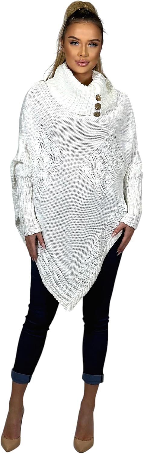 Mississhop Poncho Strick Sweatshirt Pullover Umhang Überwurf Einheitsgrösse Weiss, Einheitsgrösse We