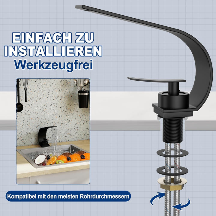 UISEBRT Schwarz Wasserfall Wasserhahn Bad, Modern Messing Waschtischarmatur,Einhandmischer mit Kalt