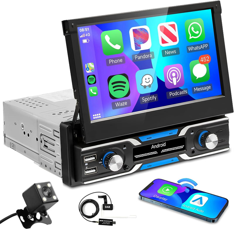 Android Autoradio 1 Din mit DAB Navi GPS 7 Zoll Automatisch Ausfahrbares Touchscreen Autoradio mit B