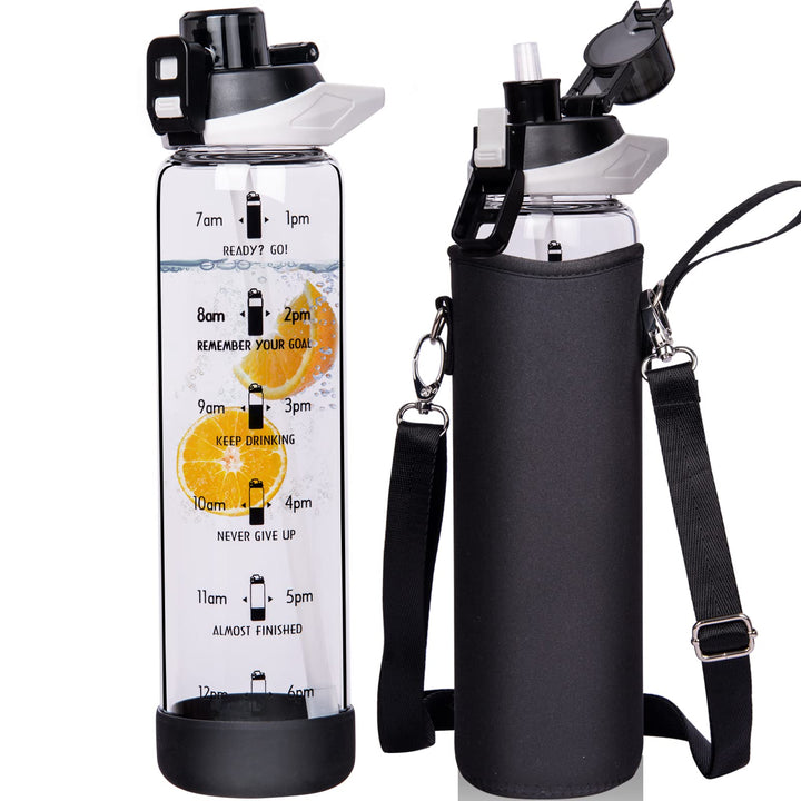 Seekua 1l Sport Trinkflasche Glas Flasche mit Strohhalm &amp; Zeitmarkierung auslaufsicher bpa frei 1 li