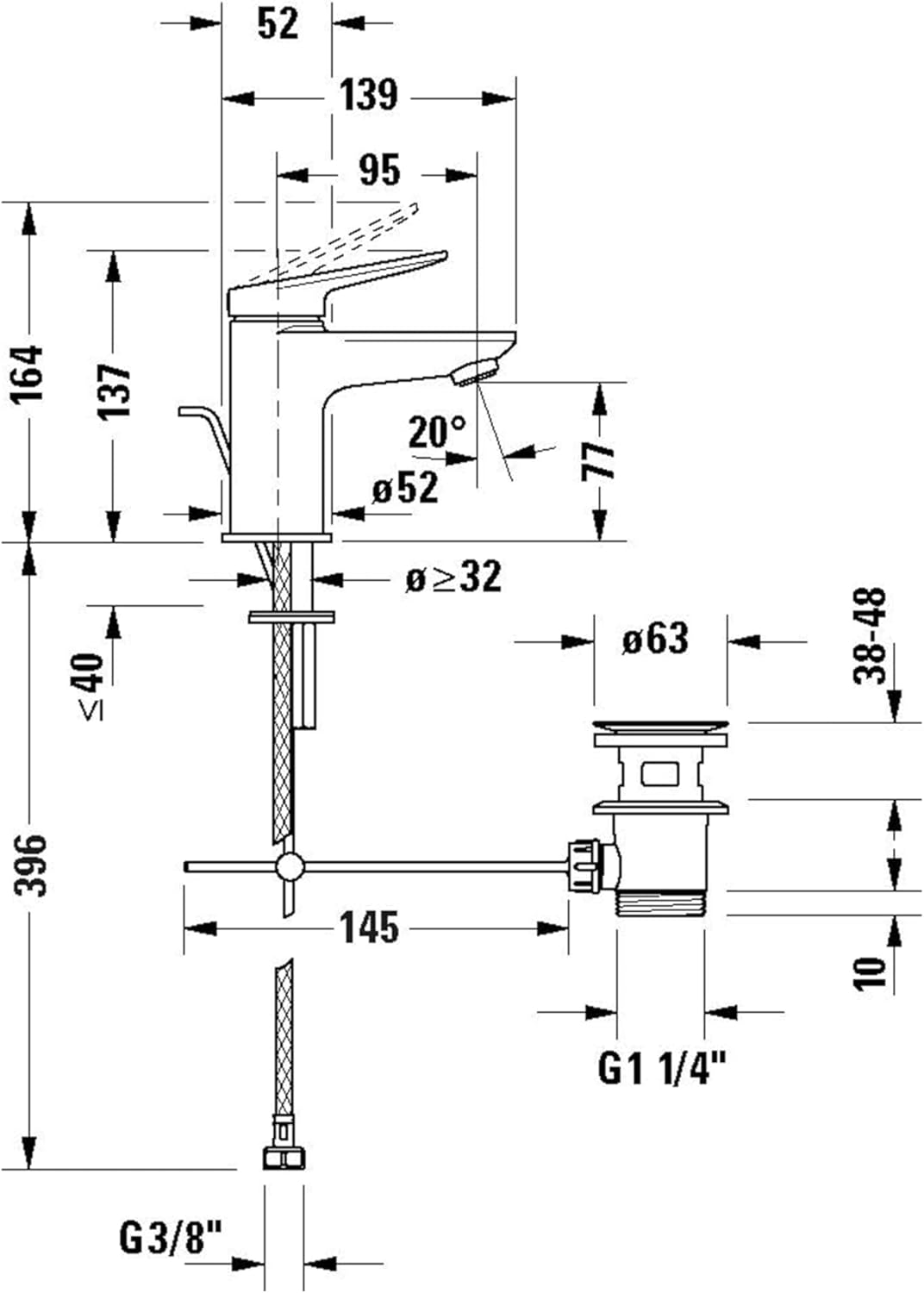 Duravit Wave Waschtischarmatur, Grösse S (Auslauf Höhe 77 mm), Wasserhahn Bad mit Zugstangen-Ablaufg