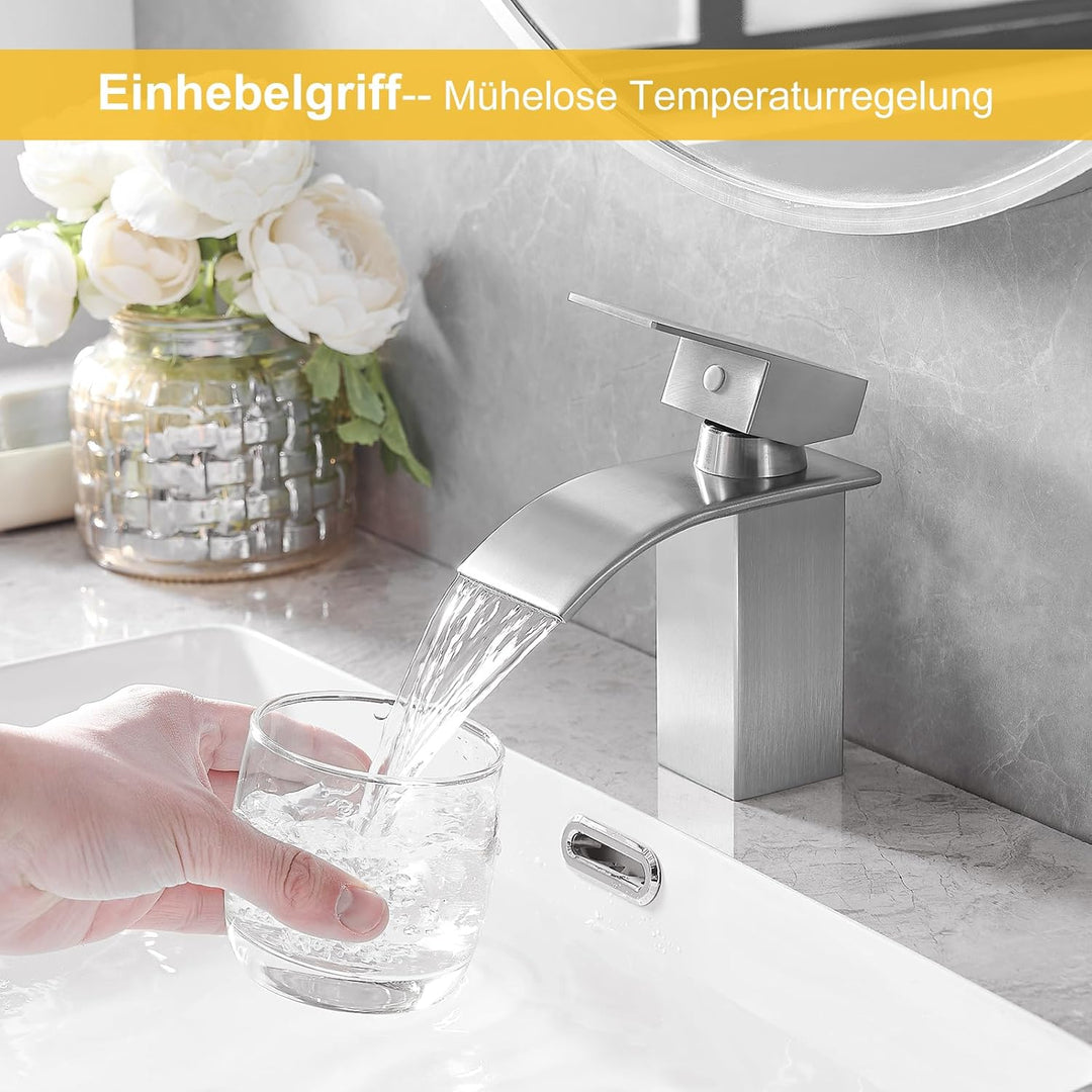 BESy Wasserfall Auslauf Badezimmer Waschtischarmatur, Einhebel-Waschtischmischbatterie, RV Waschbeck