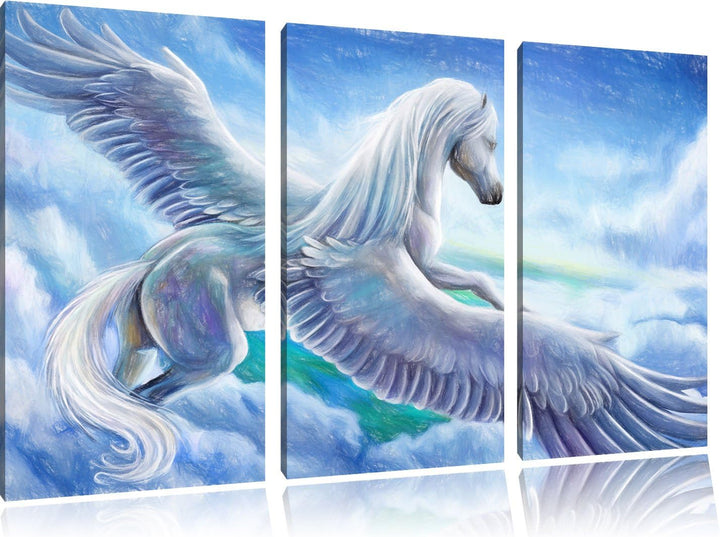 Pixxprint Pegasus fliegt über den Wolken / 3-Teilig/Gesamtmass 120cm Leinwandbild bespannt auf Holzr
