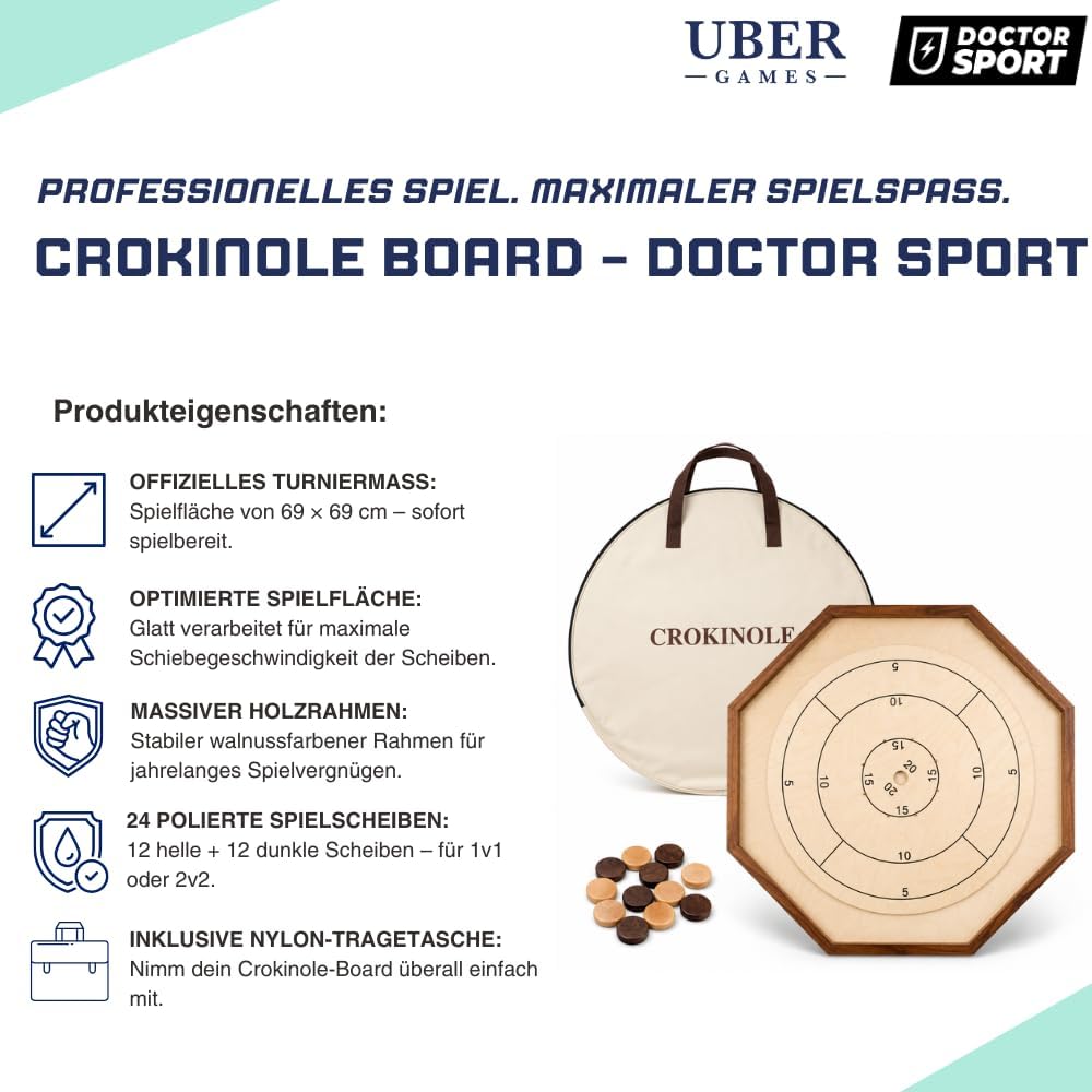 Ubergames Orginal Crokinole Brettspiel - Top ECO-Hartholz Qualität - Inklusive Trage Tasche - Model
