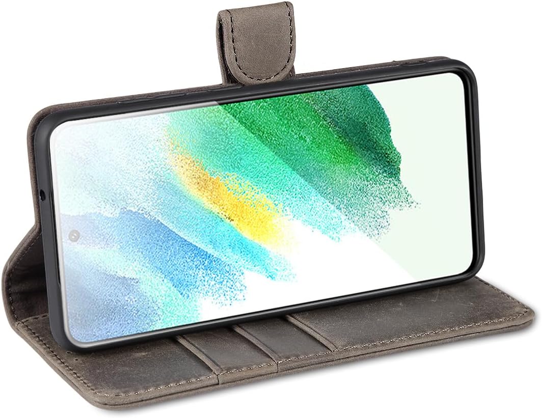LENSUN Lederhülle für Samsung Galaxy S21 FE, Echtleder Handyhülle [Echtes Leder][RFID Schutz] Klappb