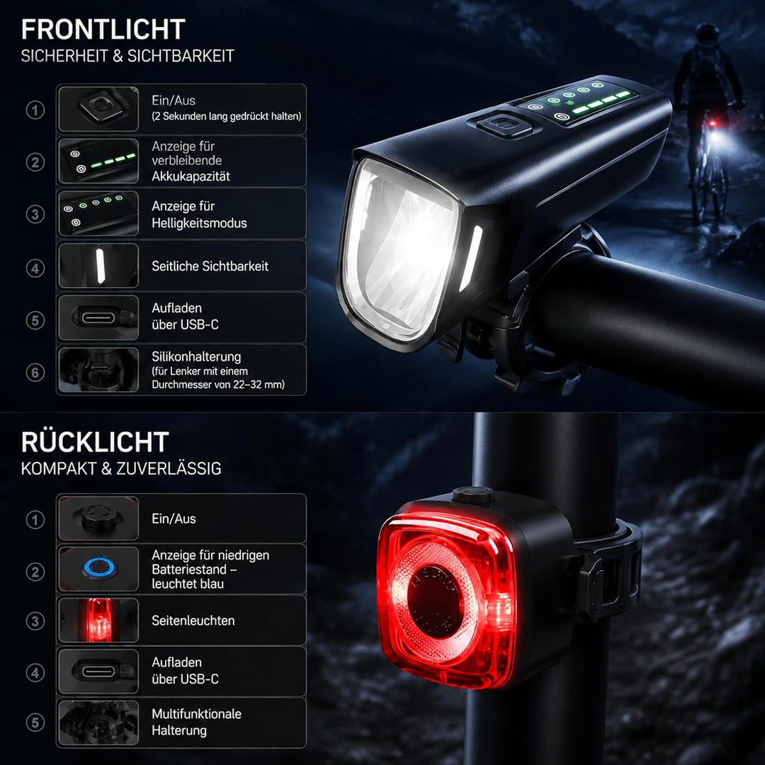 LED Fahrradlicht Set StVZO 100 Lux, USB C Wiederaufladbar Fahrradlampe Vorne und Rücklicht, 2000mAh