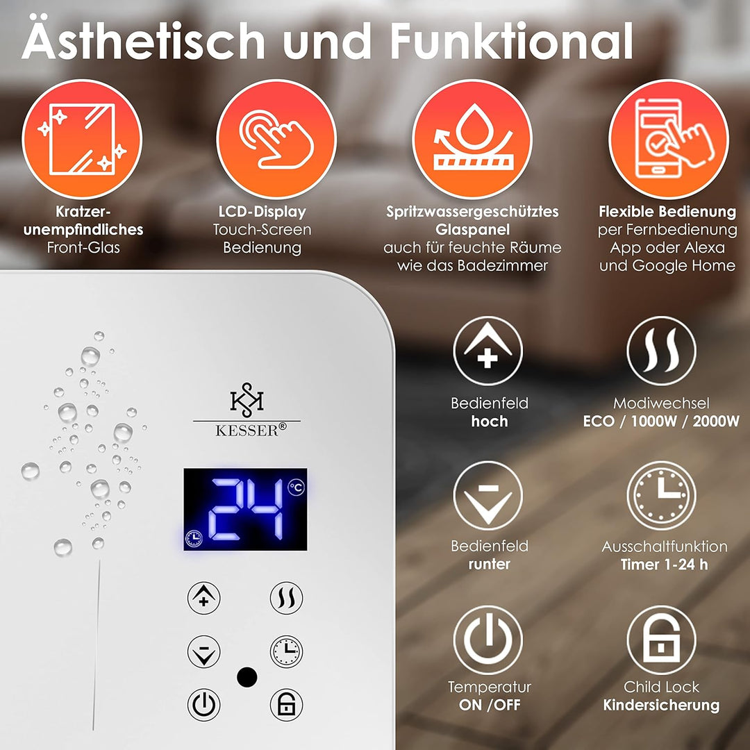 KESSER® Elektro Glasheizung Glaskonvektor Elektroheizung Heizung Heizkörper ✓ Touchscreen ✓ APP WiFi