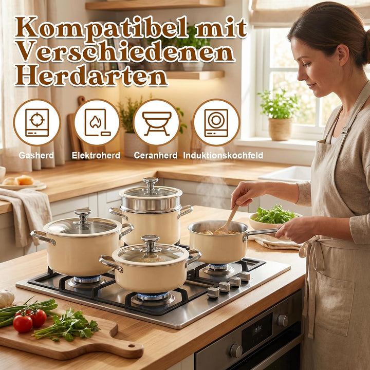 Edelstahl Kochgeschirr-Set Keramikbeschichtet, Beige | Kochtopf, Dampftopf, Suppentopf, Antihaftbesc