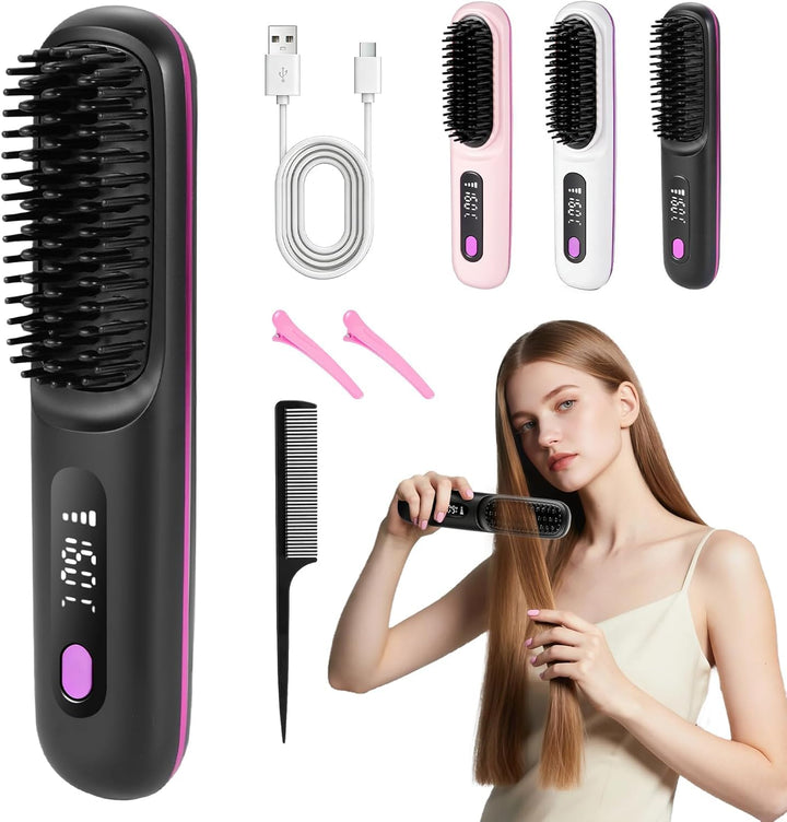 Mini Haarbürste Elektrisch, Glättbürste Kabellos, Stylingbürste für Kurze Haare, Elektrische Haarglä