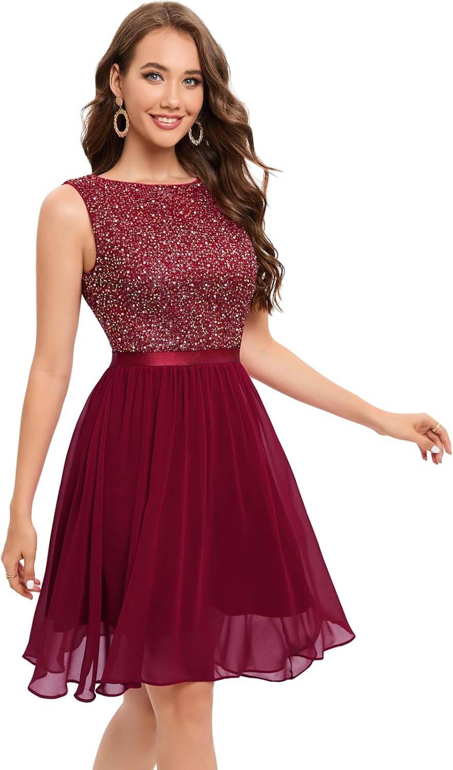 Bbonlinedress Glitzer Kleid Damen elegant Rundhals festliches jugendweihes Kleid mit Pailletten Cock