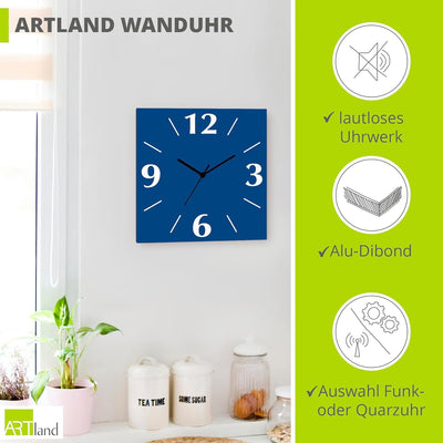 ARTLAND Wanduhr ohne Tickgeräusche Alu Quarzuhr 30x30 cm Quadratisch Lautlos 4 Ziffern Farbig Schlic