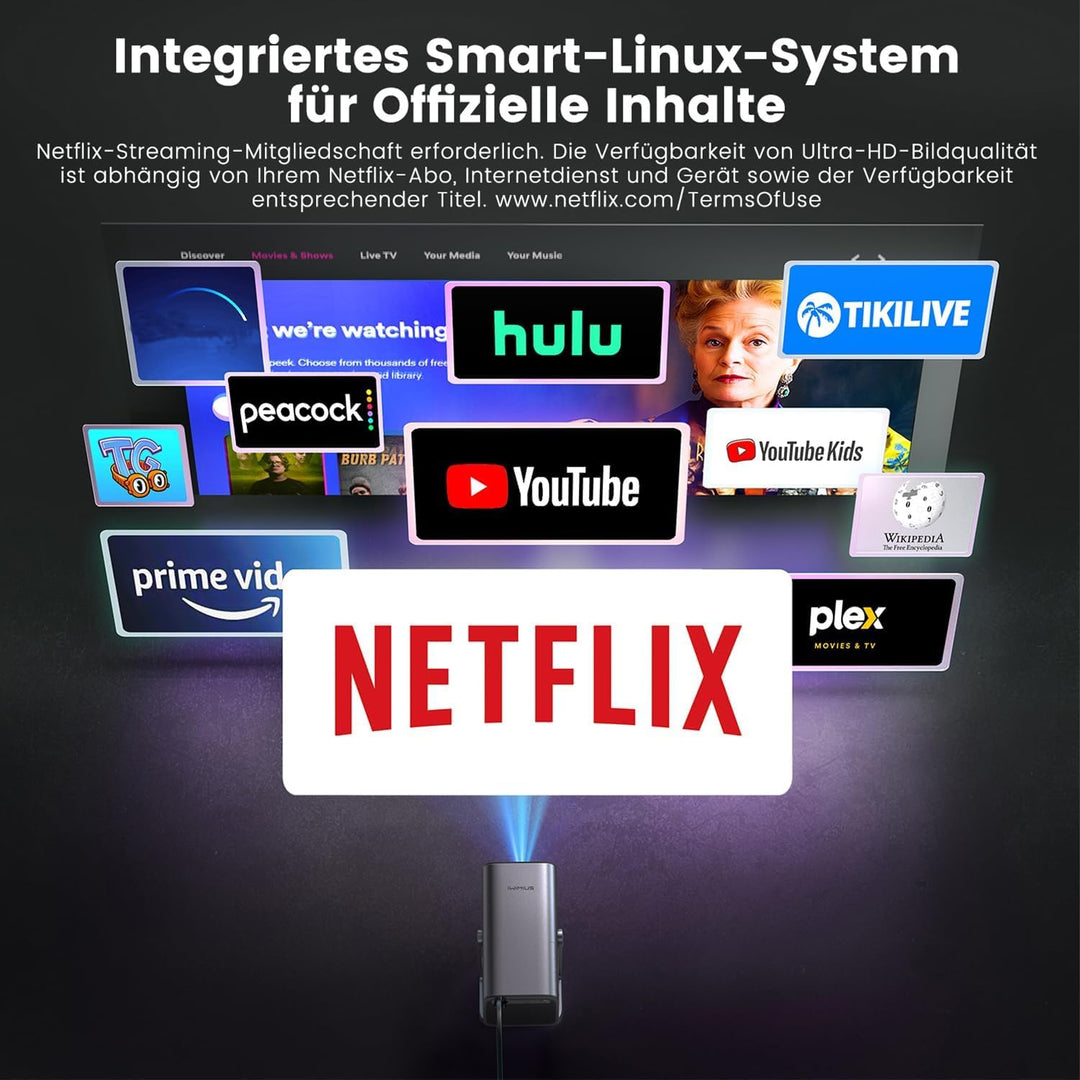 Mini Beamer 4K [Kompatibel mit Netflix|Dolby Audio] 600ANSI Smart Beamer Full HD 1080P Auto Fokus Au