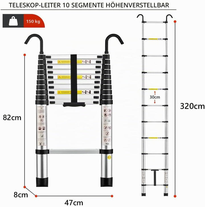 STANEW Teleskopleiter Aluminium 3,2m,Rutschfester Klappleiter Stehleiter Mehrzweckleiter, Abnehmbare