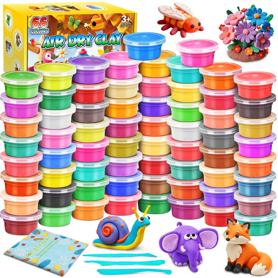 Modelliermasse Lufttrocknend, 66 Farben Lufttrockener Magischer Knete für Kinder，Air Dry Clay, 66 Fa