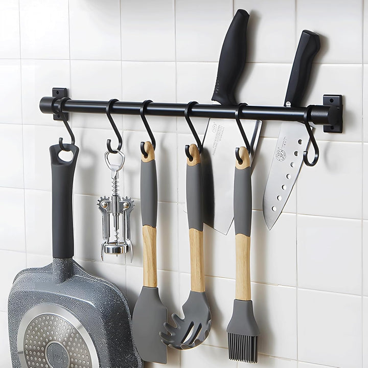Schwarzer Aluminium-Utensilienhalter, Küchenregal, Wandmontage, Küchenschiene, Pfannenaufhänger mit