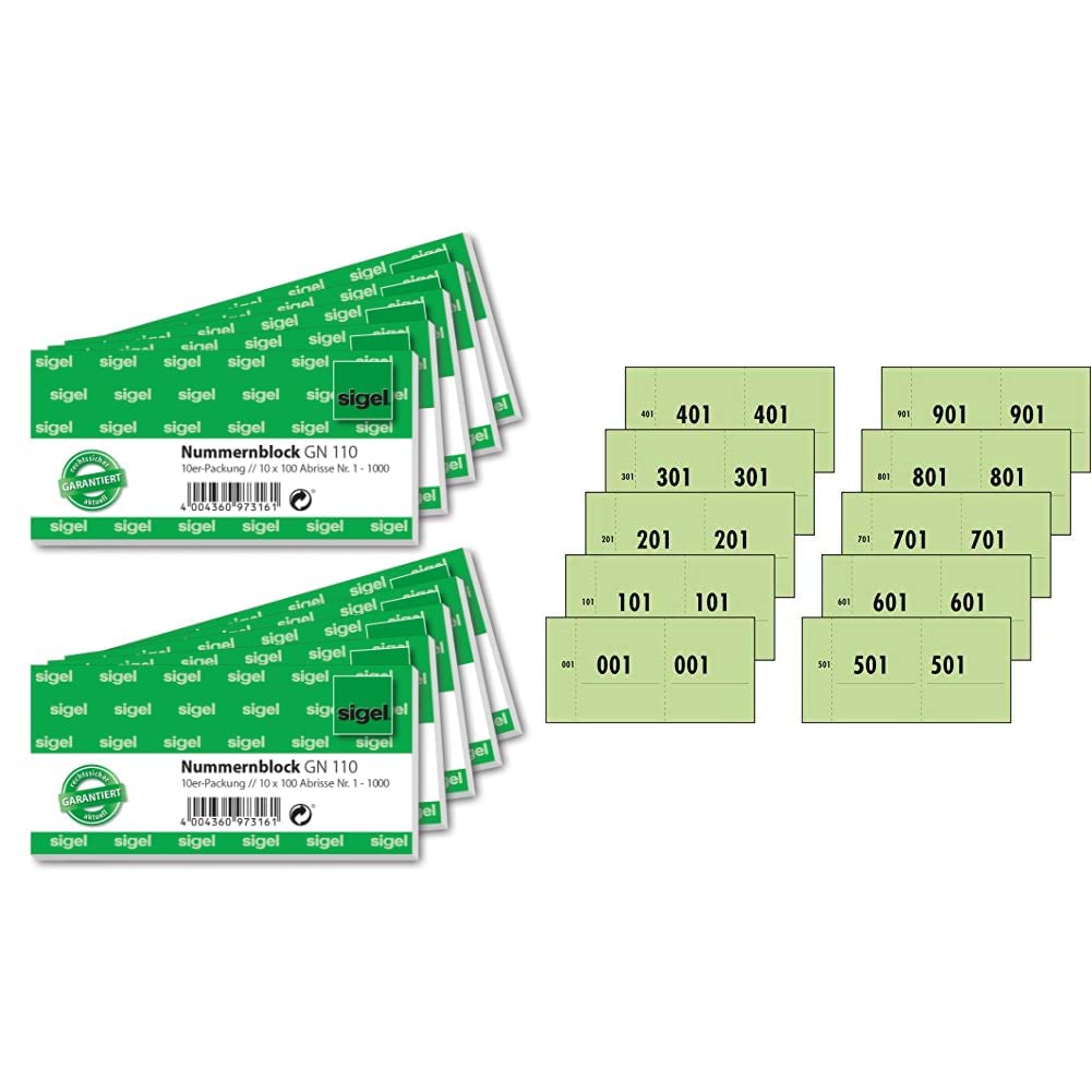 Sigel GN110 Nummernblock, 1000 Bons (nummeriert 1-1000, 10,5x5 cm, Farbauswahl nicht möglich) &amp; 7615