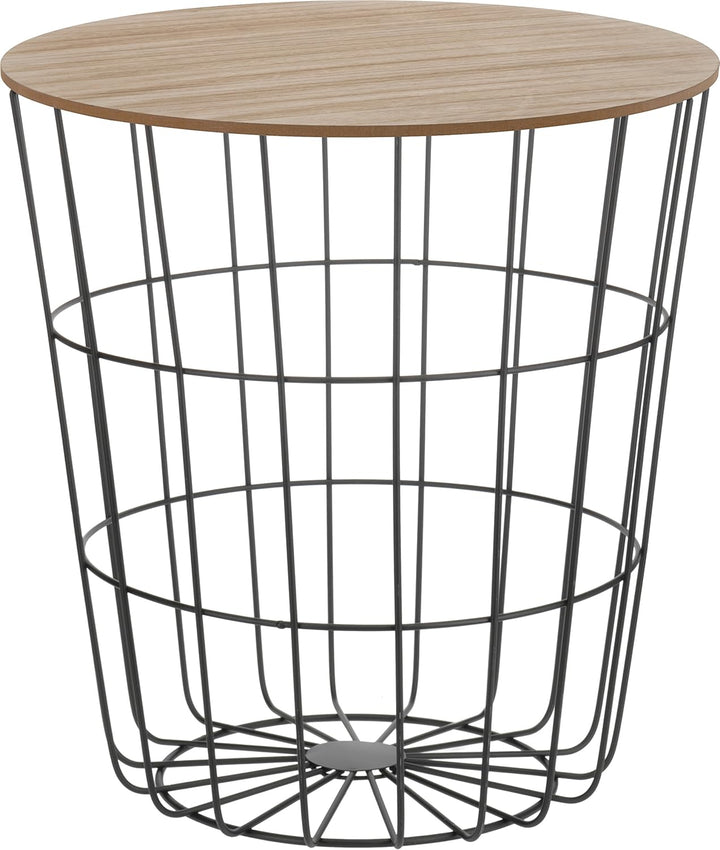 Meinposten Beistelltisch Nachttisch Tisch Korb mit Stauraum Couchtisch Metall Korb schwarz Holz Deck
