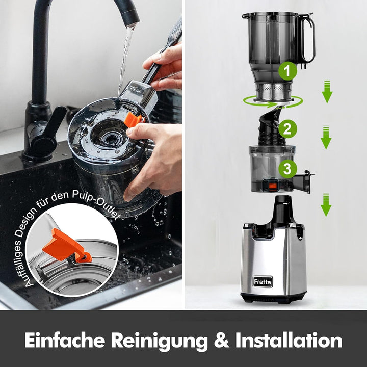 Fretta Entsafter Slow Juicer Entsafter Gemüse und Obst Testsieger, 250W Edelstahl Juicer Machine Saf