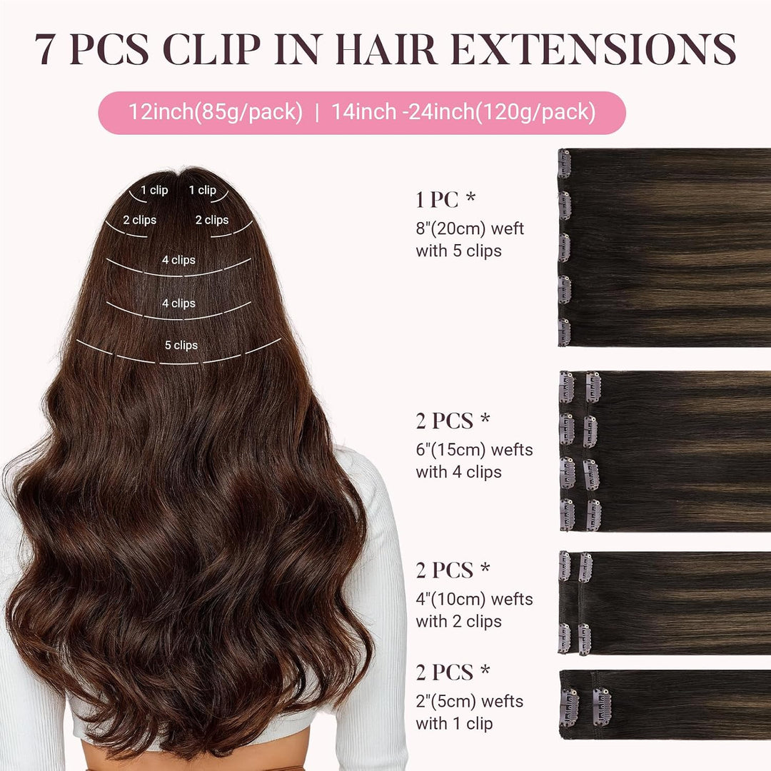 MAXITA Clip in Extensions Echthaar, 35cm 14 Zoll 120g 7 Stück Dunkelbraun Gemischt Kastanienbraun Ec