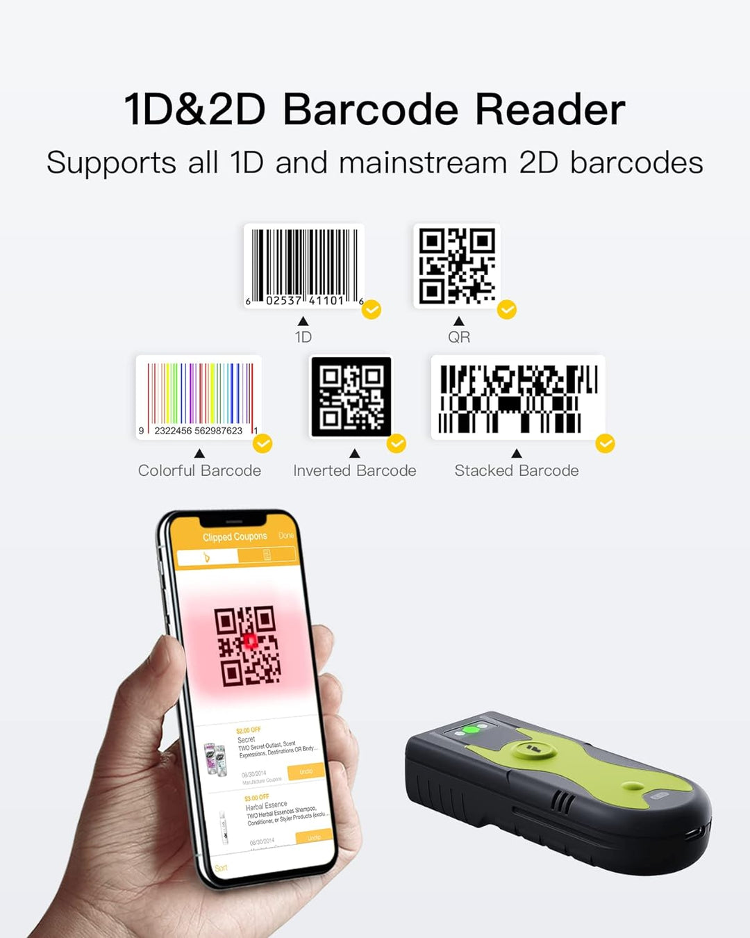 Inateck Barcode Scanner Bluetooth 2D mit 2,4Ghz USB Adapter, liest Barcodes von Bildschirmen, Exklus