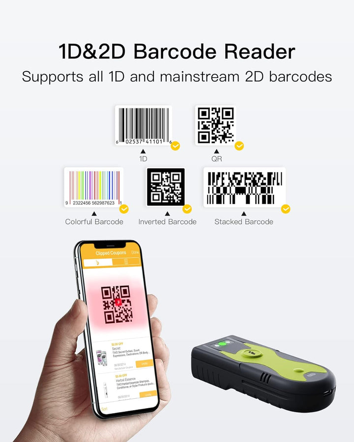 Inateck Barcode Scanner Bluetooth 2D mit 2,4Ghz USB Adapter, liest Barcodes von Bildschirmen, Exklus