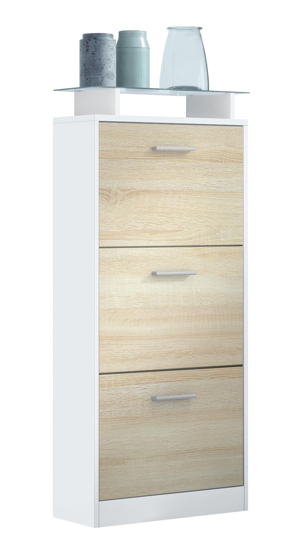 Vladon Schuhschrank Lavia V2, Schuhkipper für 12 Paar Schuhe mit 3 Klappen und Glasablage, Weiss mat