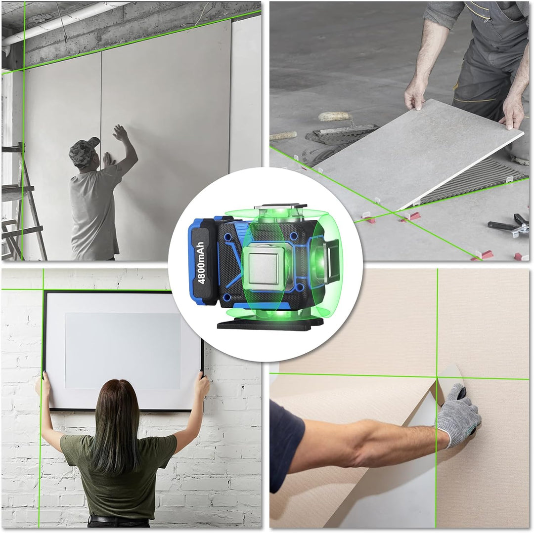 Laserstufe 4x360° Grünstrahl mit LCD-Bildschirm, Selbstnivellierendes Werkzeug mit wiederaufladbarem