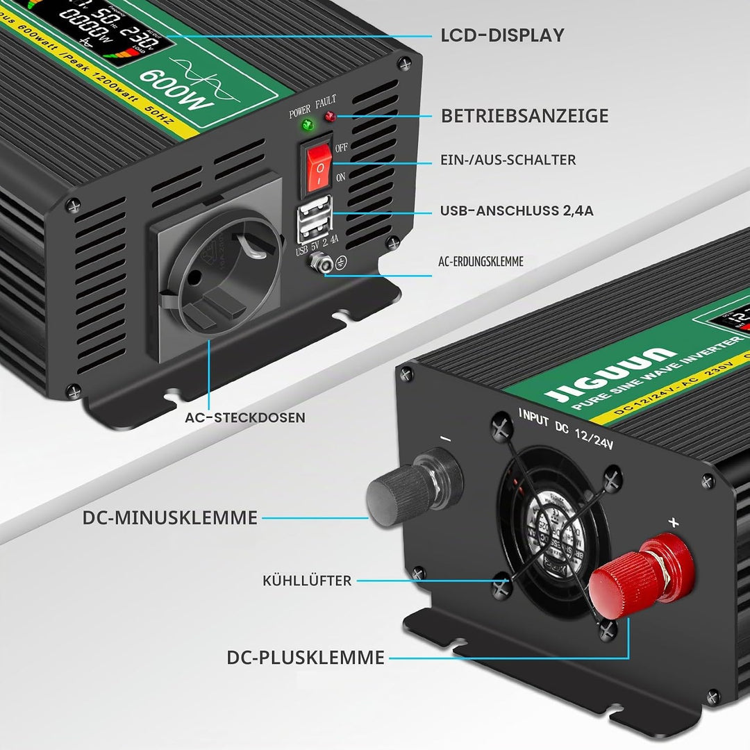 JIGUUN 600W Wechselrichter Reiner Sinus Spannungswandler 12v 230v Inverter Mit EU-Steckdose und 2 US
