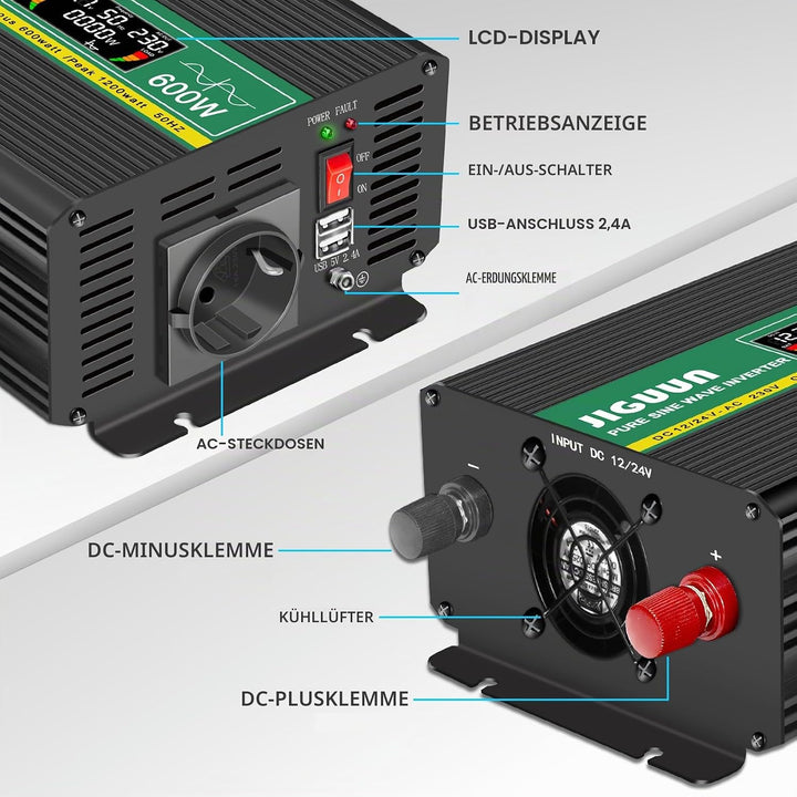 JIGUUN 600W Wechselrichter Reiner Sinus Spannungswandler 12v 230v Inverter Mit EU-Steckdose und 2 US