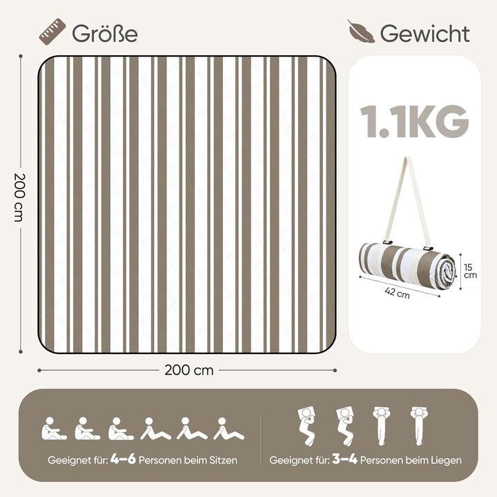 Sekey Picknickdecke Wasserdicht 200x200 cm, Stranddecke Sandfrei | Gepolstert, Dreischichtige Strukt