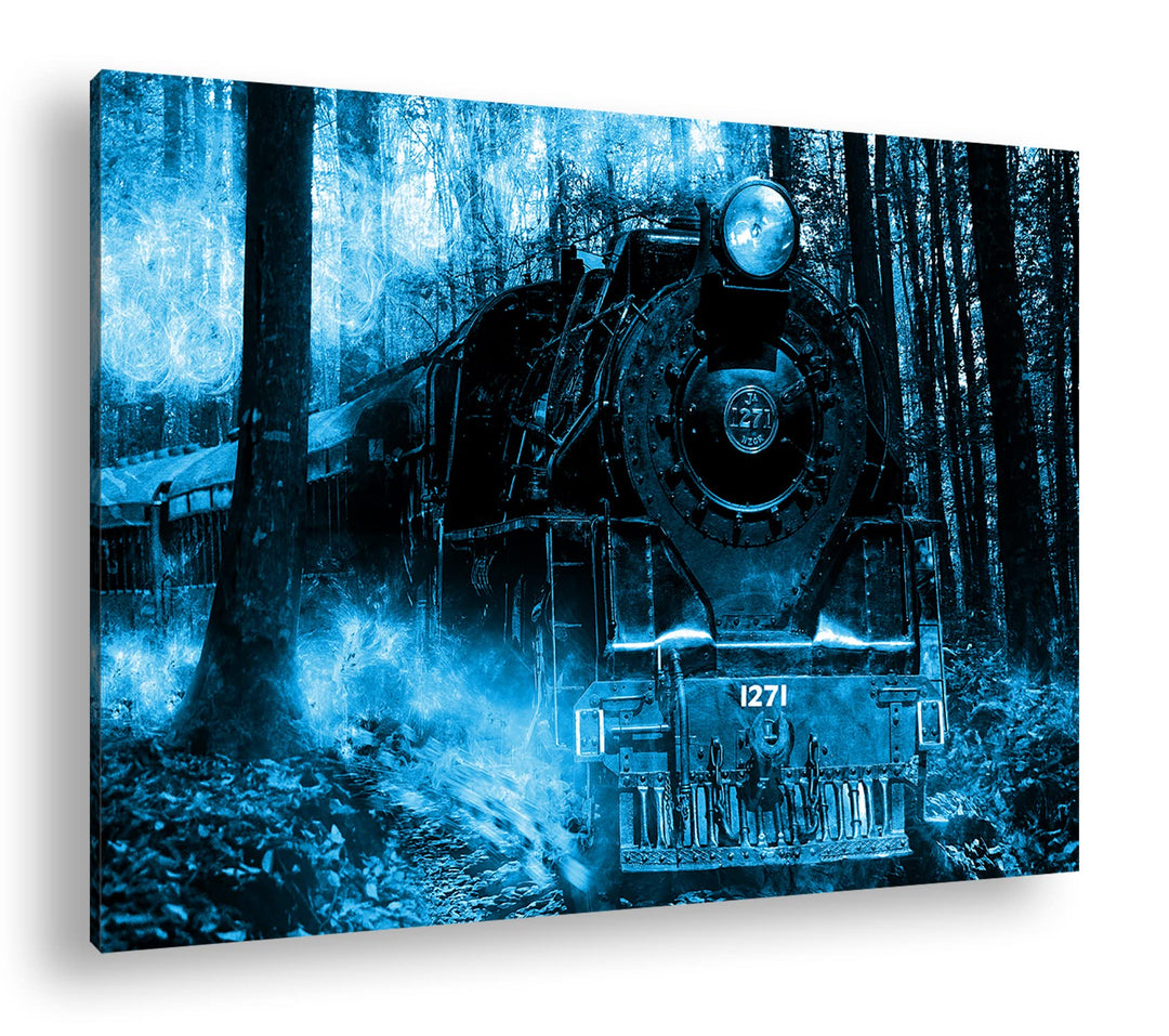 deyoli gewaltige Lokomotive im Wald Format 80x60 Effekt: Monocrome Blau als Leinwandbild, Motiv fert