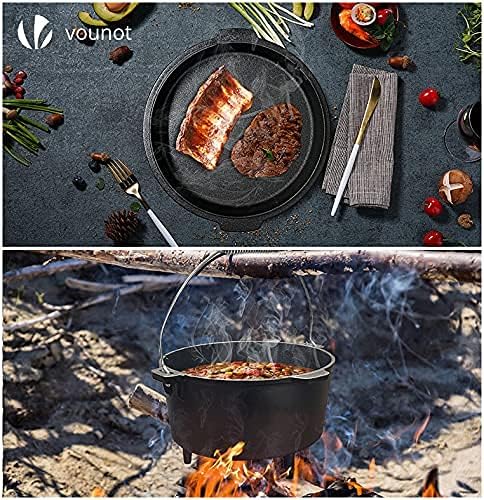 VOUNOT Dutch Oven Set 4.25 Liter, Eingebrannter Feuertopf aus Gusseisen für Garten Lagerfeuer Campin