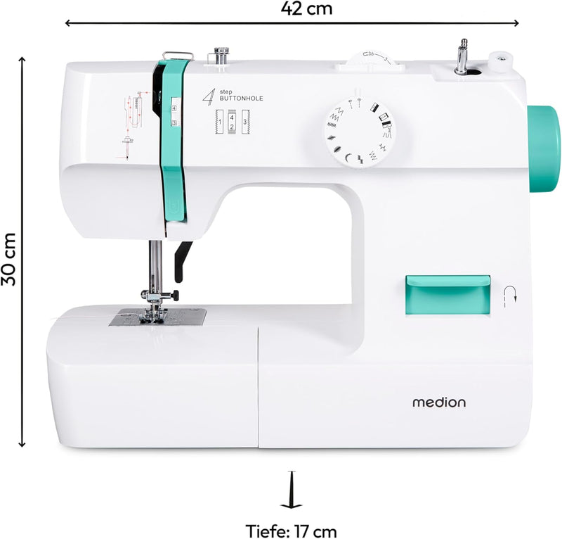 MEDION Nähmaschine SM70 (70 Watt, 12 verschiedene Stichmuster, LED-Nählicht, verstellbare Stichlänge