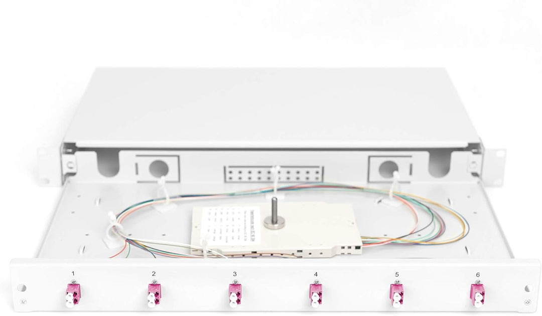 DIGITUS LWL Spleissbox 6 Kupplungen - LC - OM4 - 1HE - 19-Zoll - Multi-Mode Duplex - Mit Spleiss-Kas