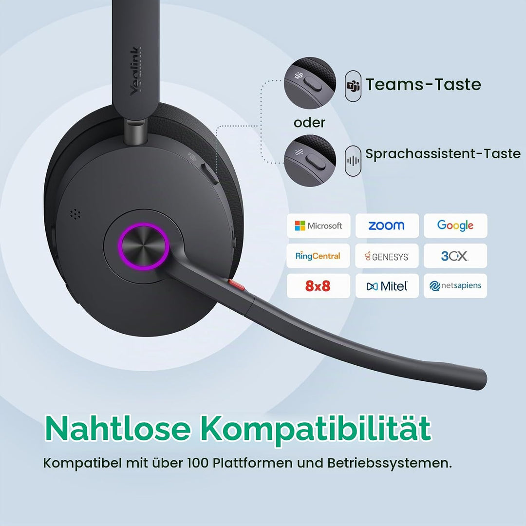 Yealink WH68 ANC DECT Kabelloses Headset mit Mikrofon, 4X AI-Mic mit Geräuschunterdrückung, 185m Rei