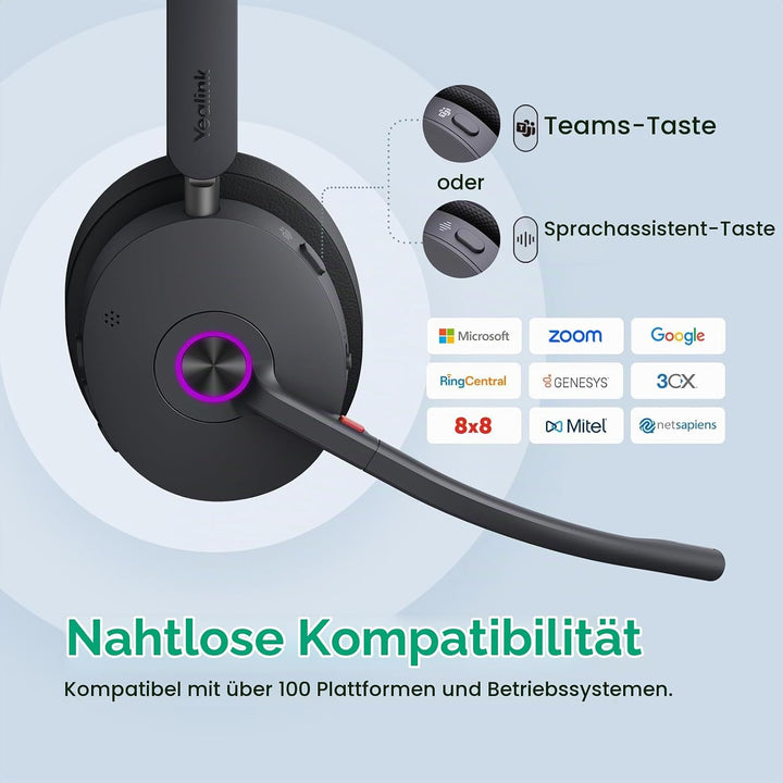 Yealink WH68 ANC DECT Kabelloses Headset mit Mikrofon, 4X AI-Mic mit Geräuschunterdrückung, 185m Rei