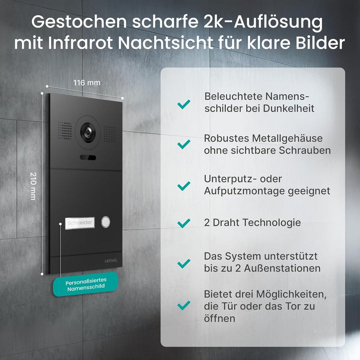 Mathfel 2-Draht IP Video-Türsprechanlage mit Türöffner und 2 Jahren Garantie - Full-HD Kamera, 7" Mo