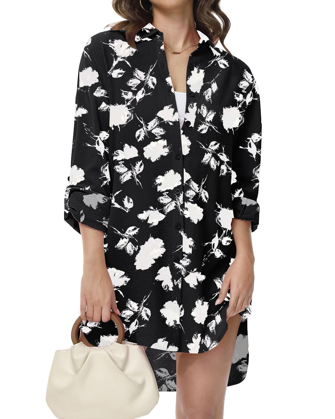 Damen Bluse V-Ausschnitt Hemdbluse Langarm Lässiges Hemd zum Knöpfen Langarmshirt Casual Oberteile A