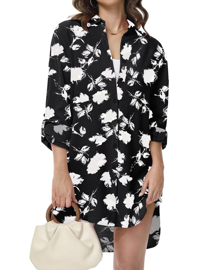 Damen Bluse V-Ausschnitt Hemdbluse Langarm Lässiges Hemd zum Knöpfen Langarmshirt Casual Oberteile A