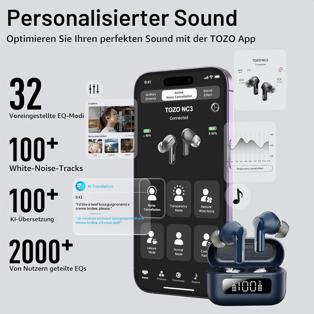 TOZO NC3 Kopfhörer Kabellos Bluetooth 5.3, Bluetooth Kopfhörer, In Ear Kopfhörer mit Hybrid Active N