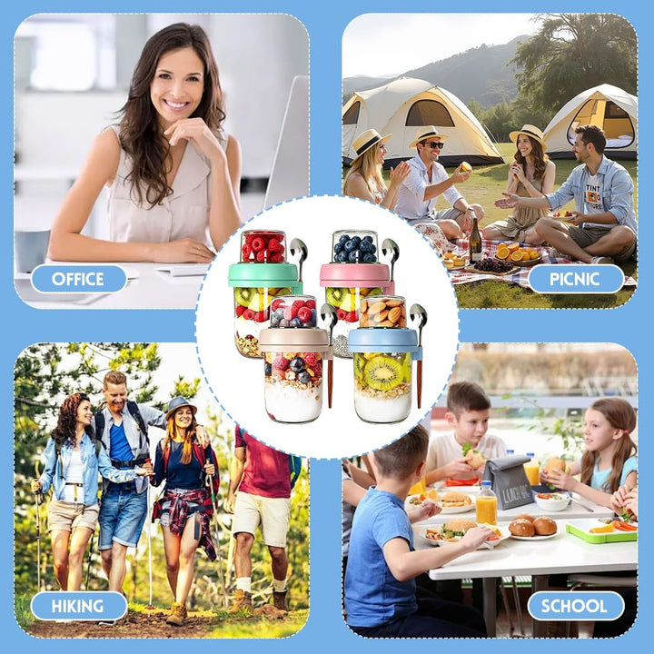 Müslibecher to Go 480ml+120ml, Overnight Oats Glas mit Deckel, Joghurtbecher to Go mit Trocken und N