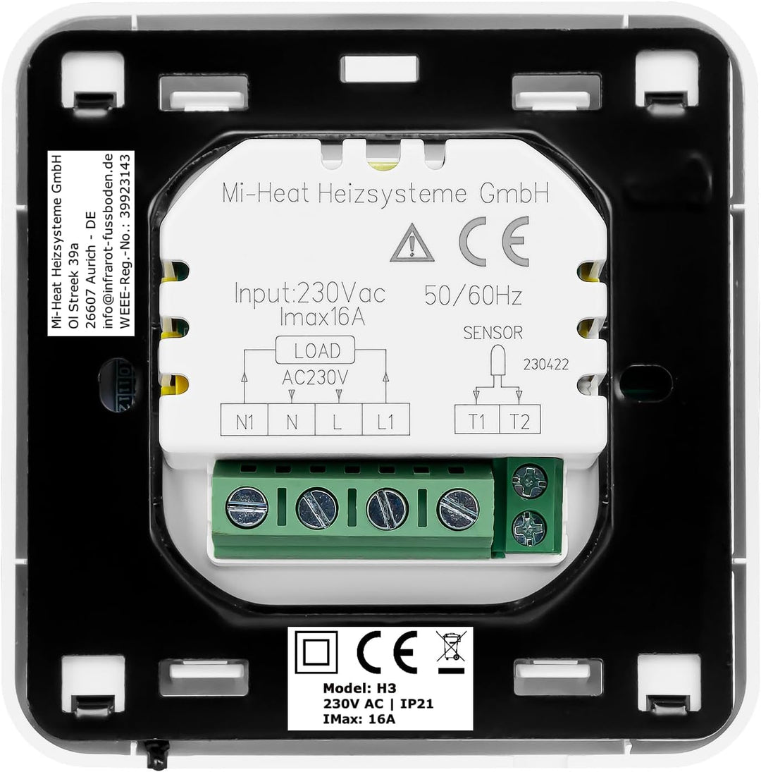 Digital Thermostat H3 + Touch-Screen Unterputz mit Fühler für Fussbodenheizung Weiss