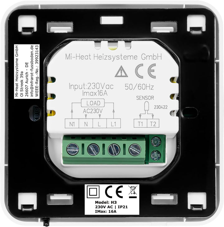 Digital Thermostat H3 + Touch-Screen Unterputz mit Fühler für Fussbodenheizung Weiss