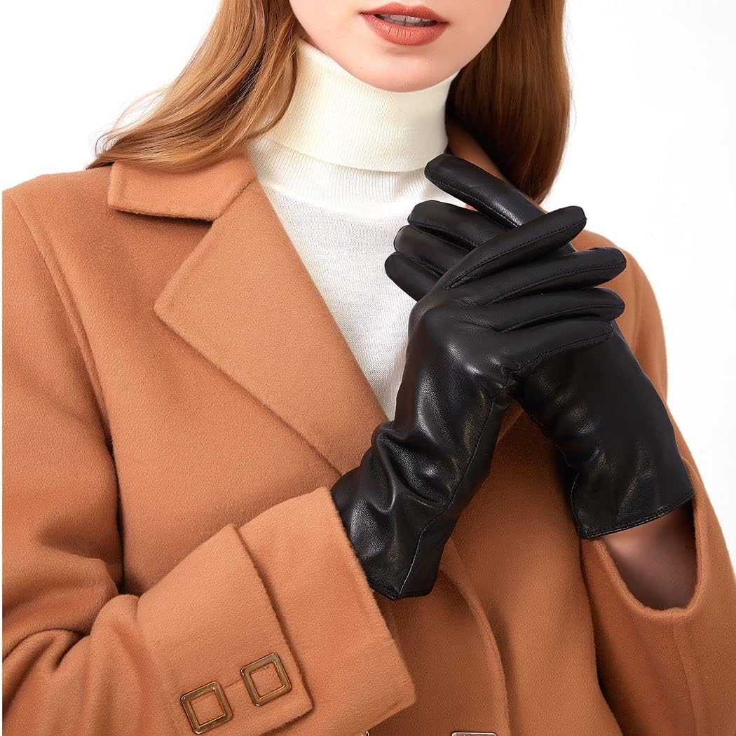ZLUXURQ Damen Leder Handschuhe echtes Lammleder und mit Kaschmir Wolle gefütterte warme Winter Hands