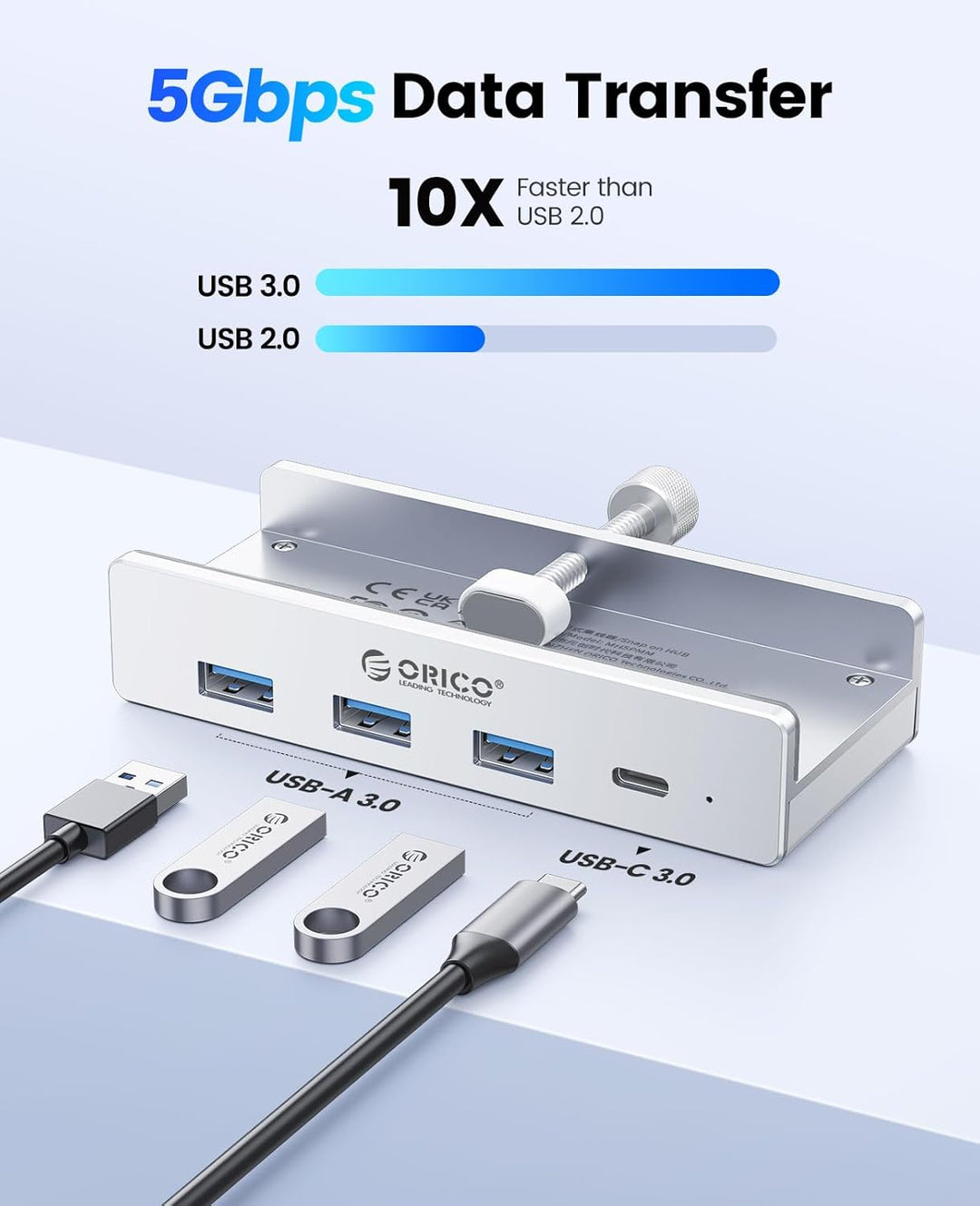 ORICO USB Hub, Aluminum USB 3.0 Hub Clip mit 5V Stromversorgungsanschluss, 5Gbps 4 Port USB Verteile