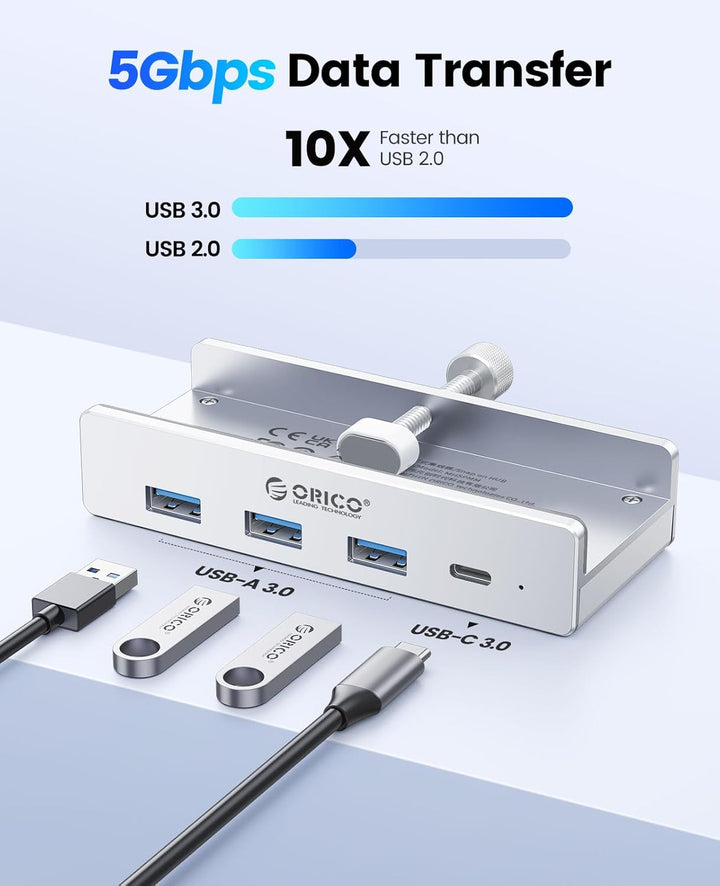 ORICO USB Hub, Aluminum USB 3.0 Hub Clip mit 5V Stromversorgungsanschluss, 5Gbps 4 Port USB Verteile