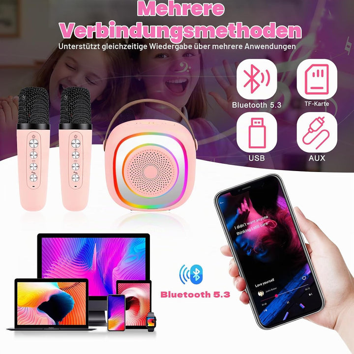 Karaoke Maschine Kinder, Mini Karaoke Maschine mit 2 Mikrofonen,Tragbarer Bluetooth-Lautsprecher mit