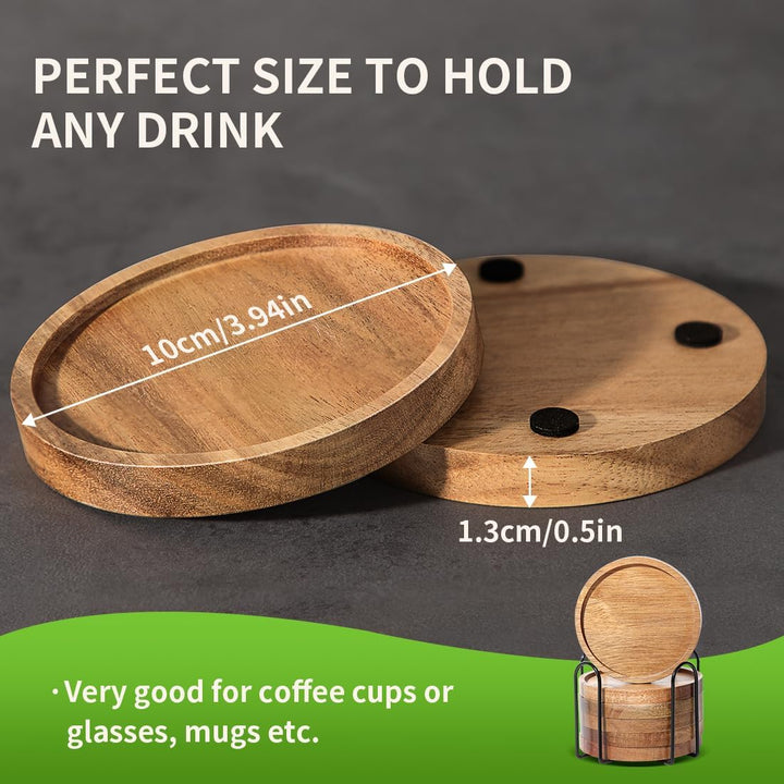 Untersetzer Holz Rund für Gläser 6er Set, Untersetzer aus Akazienholz mit Halter, Glasuntersetzer fü