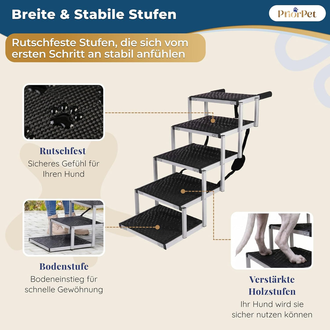 Hundetreppe Auto Klappbar – 4, 5 oder 6 Stufen für niedrige bis hohe Kofferraumhöhen (63–81 cm) – Fü